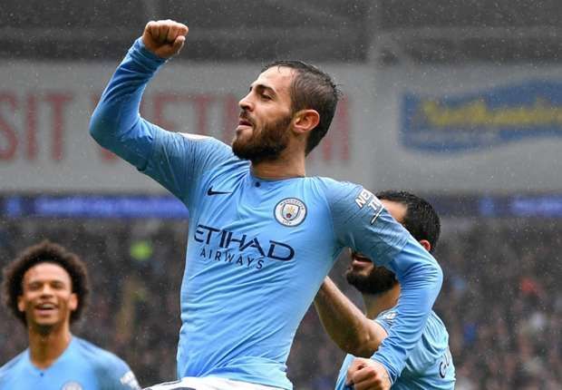 Bernardo Silva celebrating his goal against Cardiff City