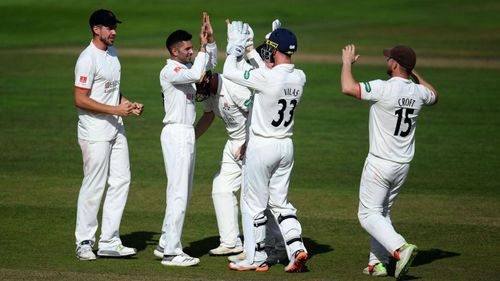 Keshav Maharaj celebrates a wicket at Somerset