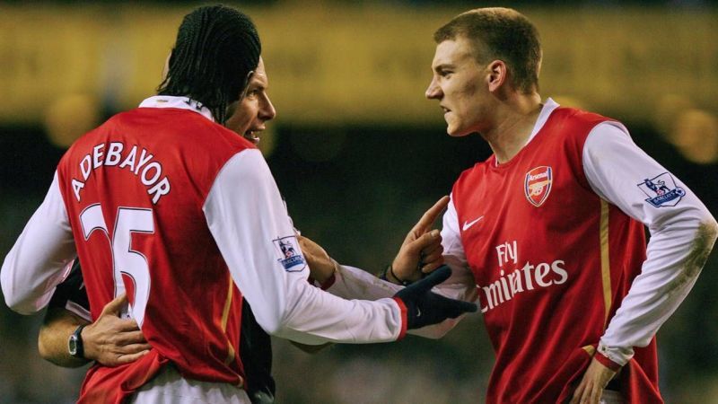 Emmanuel Adebayor and Nicklas Bendtner separated by Howard Webb, Carling Cup, 2008