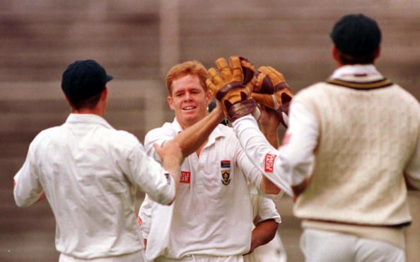 South Africa&#039;s Shaun Pollock celebrates the dismis