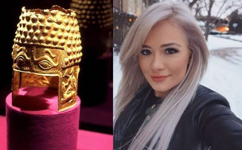 The Golden Helmet of Cotofenesti (left) and Scarlett Bordeaux (right) (*courtesy--Wikipedia; Instagram)