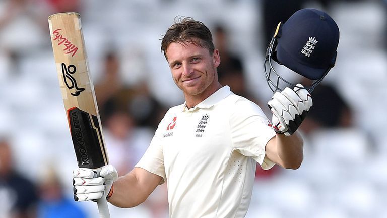 Jos Buttler celebrating his maiden Test hundred