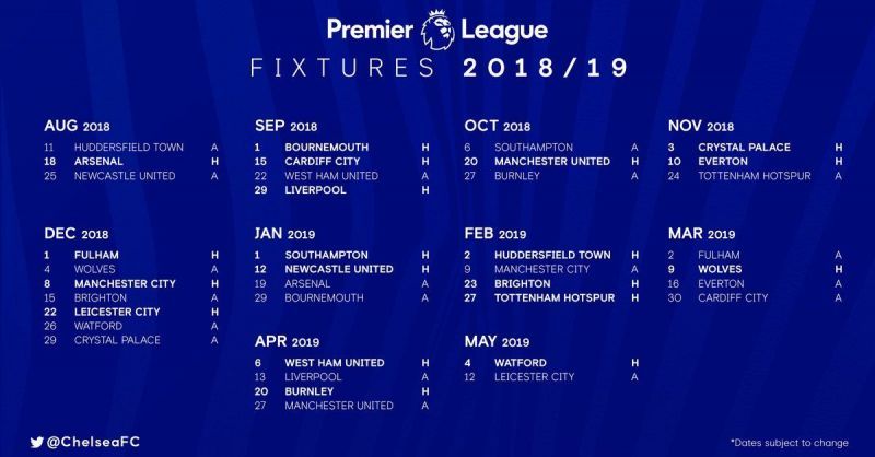 Chelsea EPL fixtures 2018/19 season