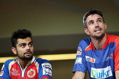 Kohli of RCB with Pietersen of DD - from the IPL, a few years ago.