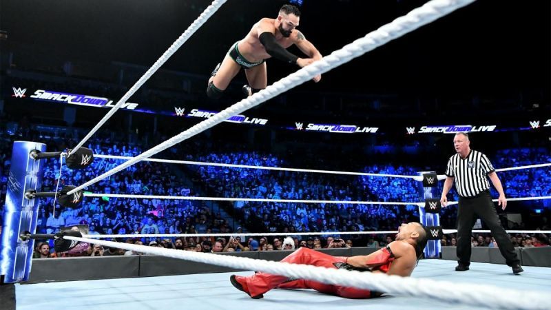 Tye Dillinger performing a frog splash on Nakamura