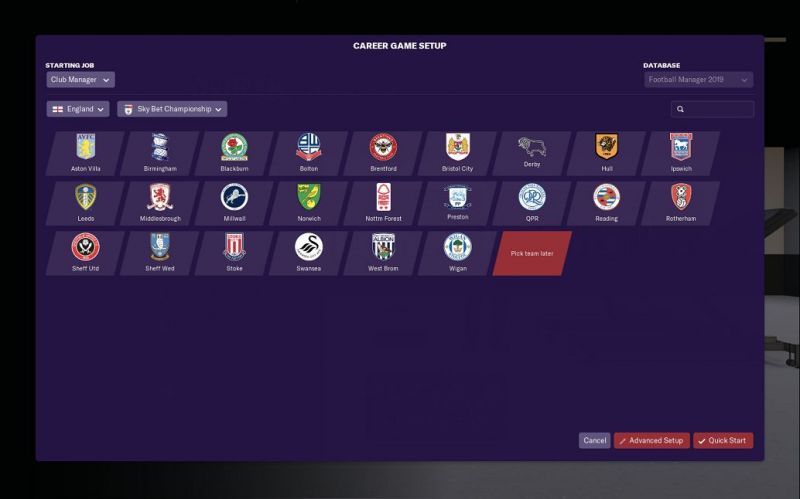 FM 19 Club Selection screen