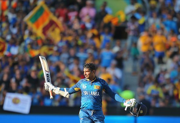 Kumar Sangakkara acknowledging applause after scoring a century in 2015 World Cup