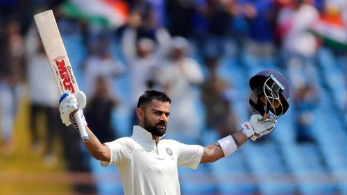 Virat celebrates after his 24th Test ton against West Indies at Rajkot