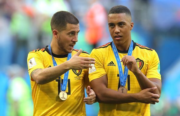 Chelsea&#039;s Eden Hazard speaking with Tielemans at the World Cup in Russia, where Belgium finished third