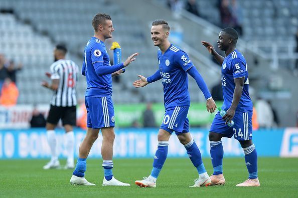 Jamie Vardy (r) ,James Maddison (centre) is joined by Mendy to celebrate their victory at Newcastle earlier this season