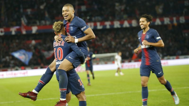 Kylian Mbappe celebrating a PSG goal during their win against Lyon