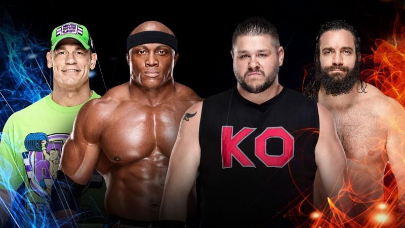 Image result for john cena and bobby lashley vs kevin owens and elias