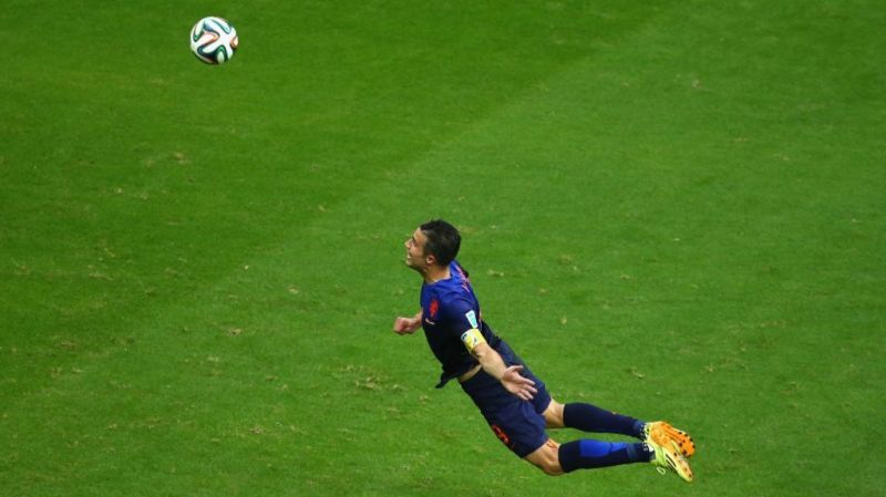 Van Persie flying off the ground to loop Daley Blind&acirc;s cross over&Acirc;&nbsp;Iker Casillas into the net