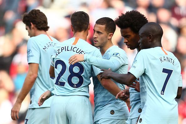 Eden Hazard celebrates with his Chelsea team mates