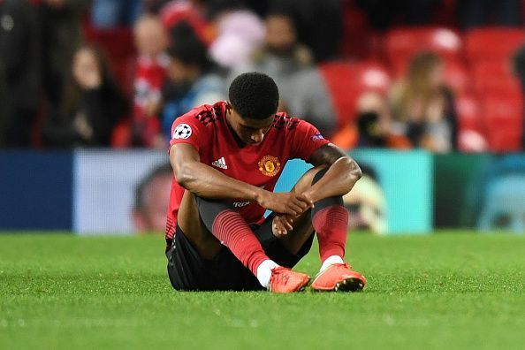 Rashford looks dejected after a draw against Valencia in the Champions League.