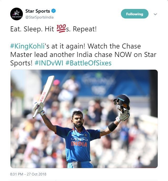 Star Sports applauds VK&#039;s feat!