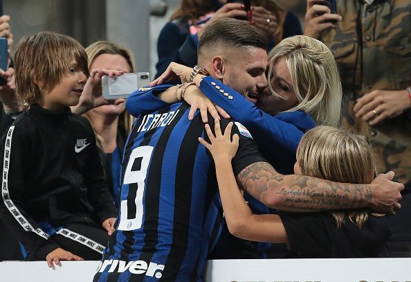 Icardi celebrating his last-gasp winner with his family, is Inter's chief goal threat