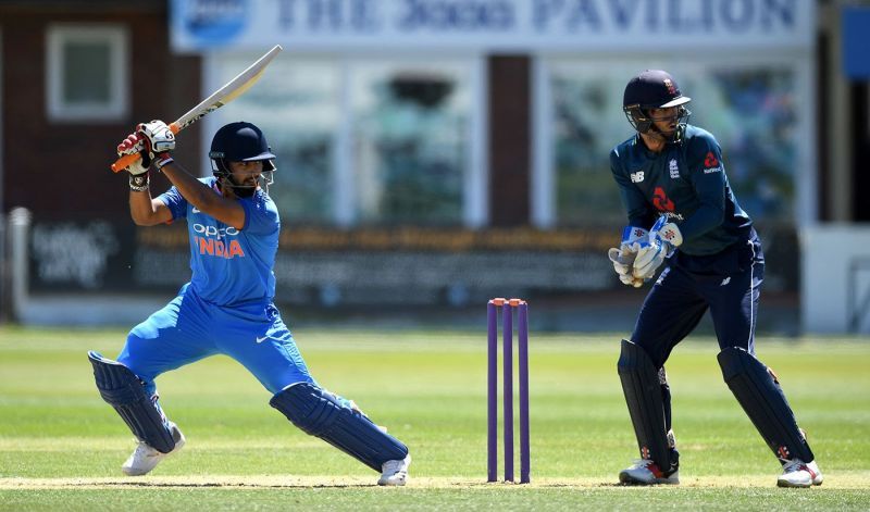 Pant playing a square-cut against England A