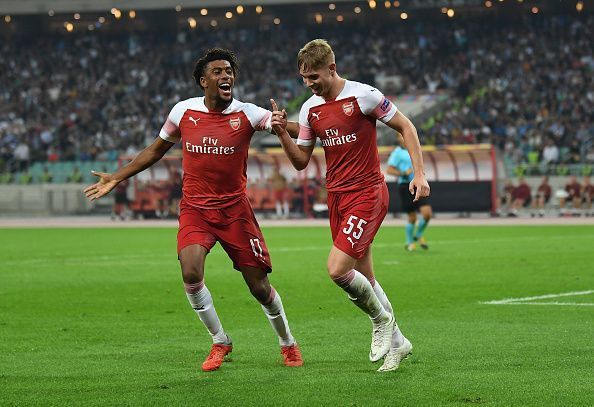 18-year-old Emile Smith Rowe (R) scored his first goal for Arsenal in the Europa League