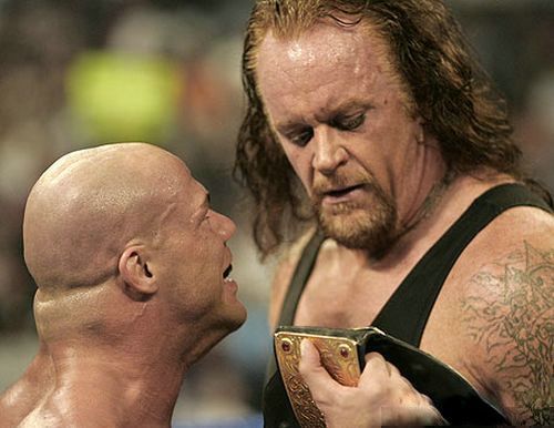 Kurt Angle goads his challenger, The Undertaker