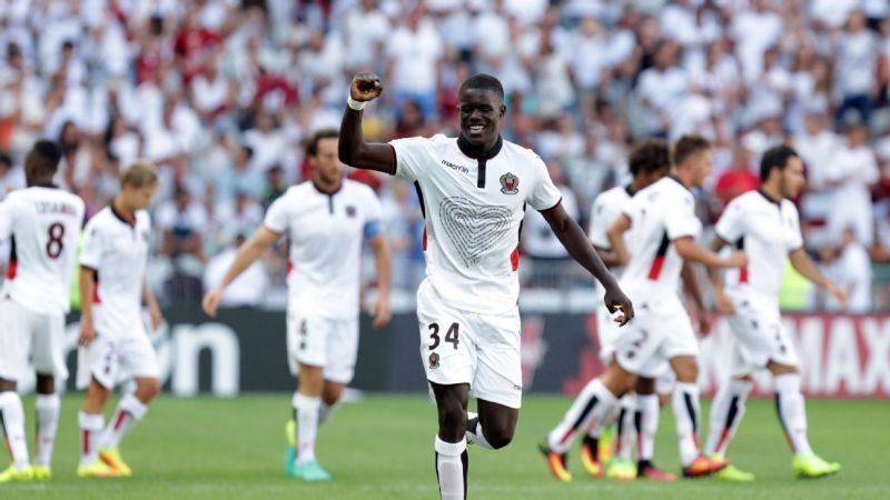 Sarr celebrating his goal on his Ligue 1 debut against Rennes last season