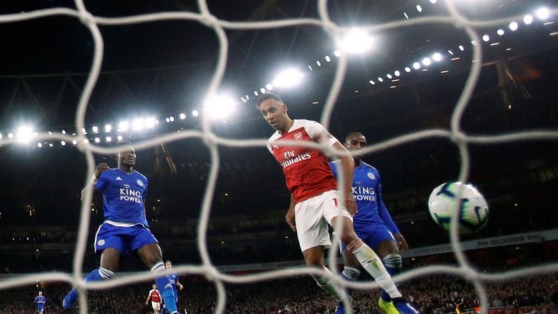 Arsenal's Pierre-Emerick Aubameyang scores their third goal against Leicester