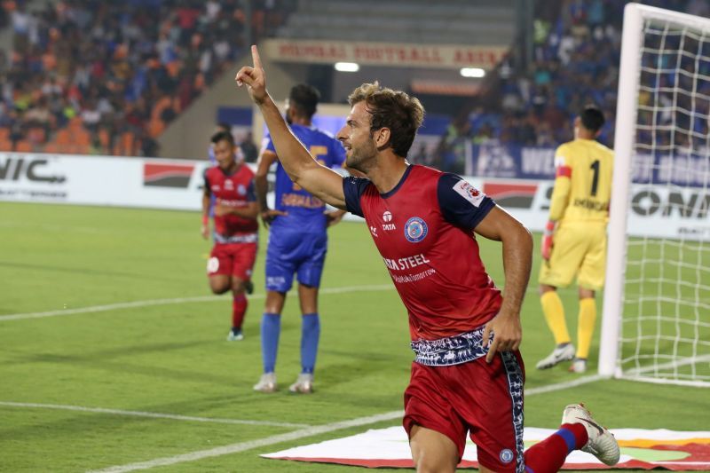Mario Arques celebrates after giving Jamshedpur the lead (Credit: ISL)