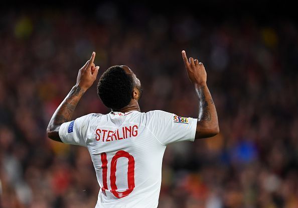 Raheem Sterling celebrates after scoring the opener.