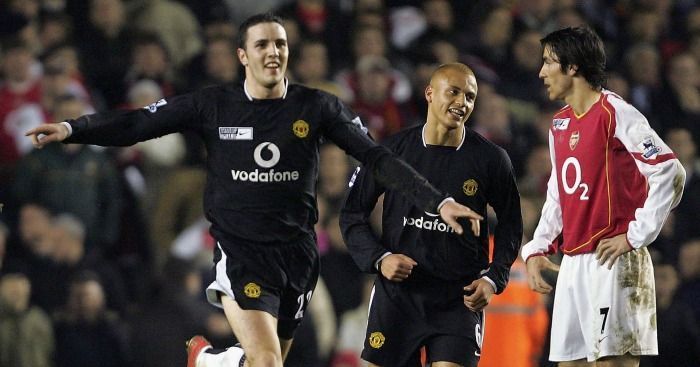 John O&#039;Shea celebrating after scoring against Arsenal at Highbury