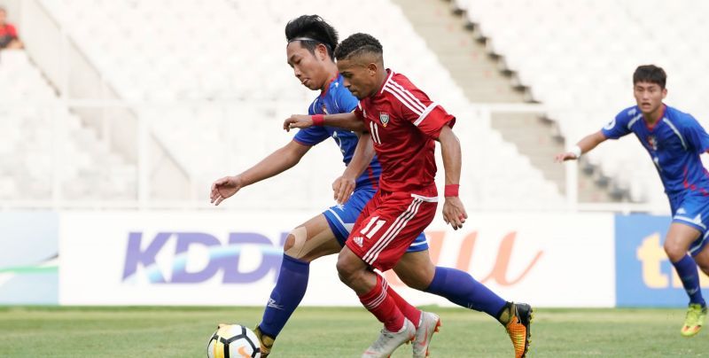 Rashed Mubarak in the red jersey scored a brace and a couple of assists against Taipei (Image courtesy: AFC)