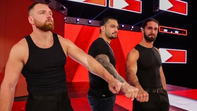 Roman Reigns, with his Shield Brothers, moments after announcing that he was vacating the Universal Title and taking a leave of absence to battle Leukemia