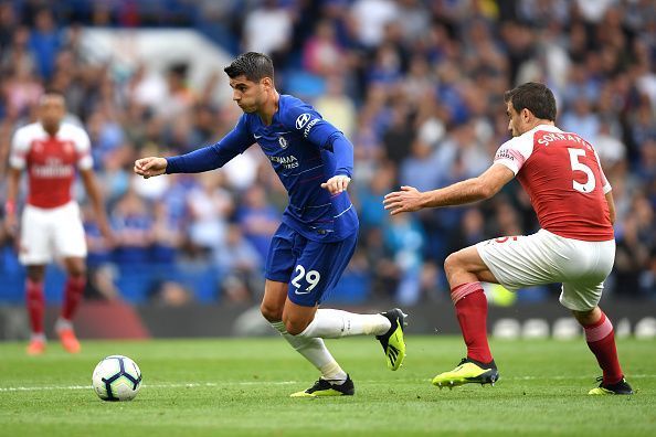 Chelsea v Arsenal - Premier League - Morata taking on Sokratis