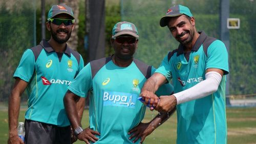 Sriram (c) with Sahu (r) and Jiyas (l) in UAE - Photo credit: Cricket Australia