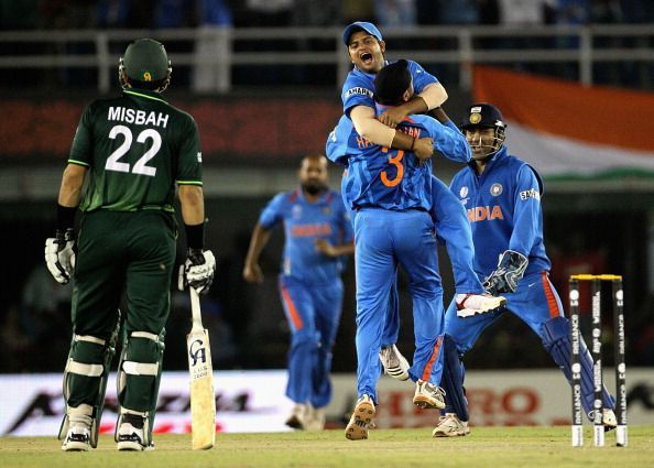 India rejoice after beating arch-rivals Pakistan in the 2011 World Cup semi-final.