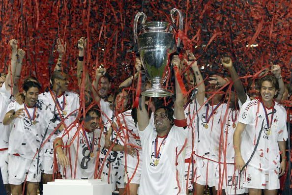 Maldini lifting the 2003 Champions League trophy