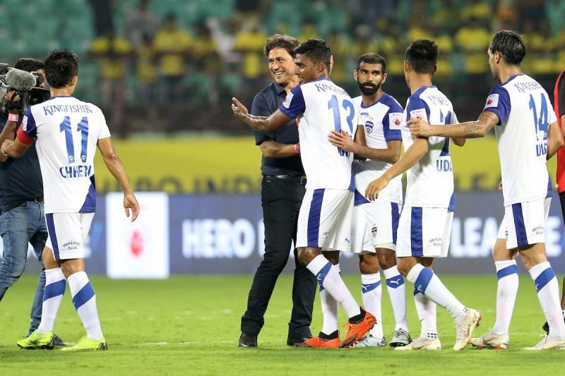 Cuadrat and the BFC players celebrate Bengaluru&#039;s 2-1 win in Kochi