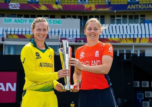 Meg Lanning and Heather Knight pose with the Women's World T20 trophy