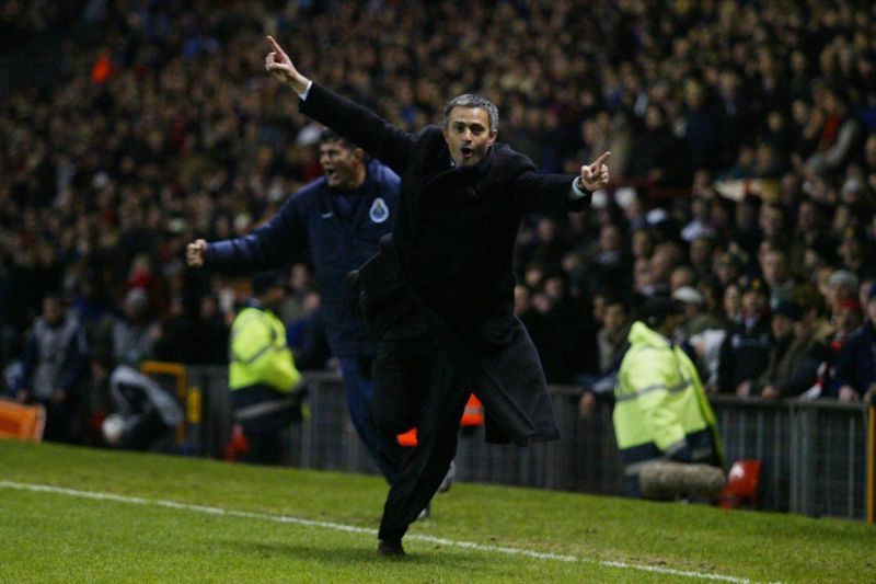 Jose Mourinho celebrates Costinha&#039;s goal at Old Trafford. (Picture Credits: The Times)