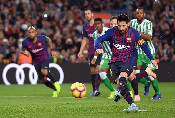 Barcelona&#039;s Lionel Messi scores a goal from the penalty spot Sunday vs. Real Betis