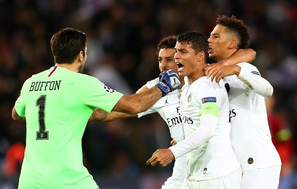 Silva celebrates at full-time with his defensive teammates and Buffon after an important group stage win