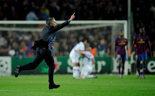 Mourinho's iconic celebration after his Inter side beat Barcelona in 2010