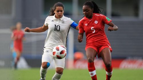 From L-R: Germany's Ivana Fuso and Canada's Maya Antoine in action (Image Courtesy: FIFA)