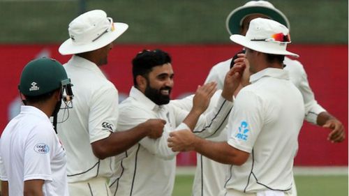 Ajaz Patel celebrates a New Zealand wicket