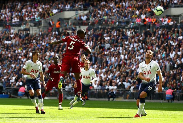 Wijnaldum scores a header against Tottenham, 15 September 2018