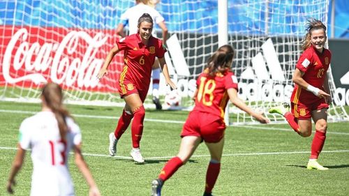 Spain's no 6 Irene LÃ³pez, no 10 ClÃ udia Pina and no 18 Eva Navarro celebrate after scoring a goal (Image Courtesy: FIFA)