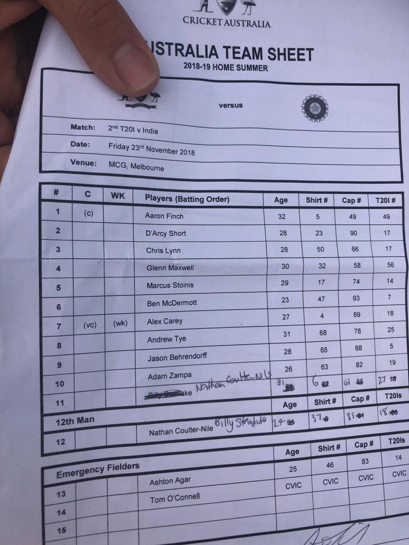 Australia had to make a last-minute change in their playing XI for the second T20I