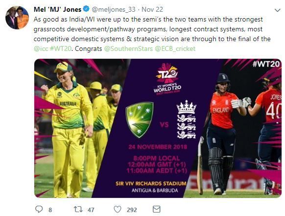 Mel Jones' tweet after Australia and England reach to the final of WWT20