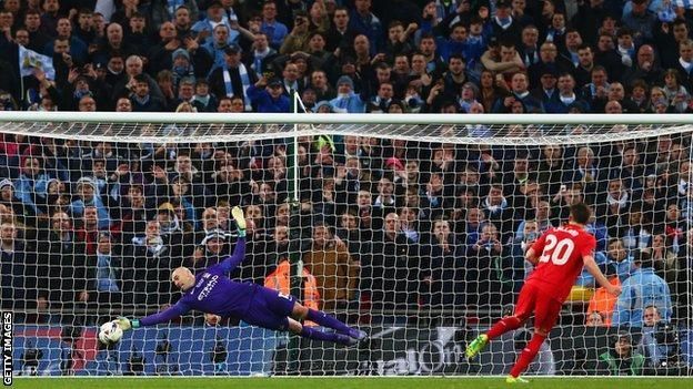 Willy Caballero saves Adam Lallana's penalty in the league cup final Photo Credit: Getty Images