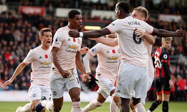 Manchester United players celebrate Rashford&#039;s late winner