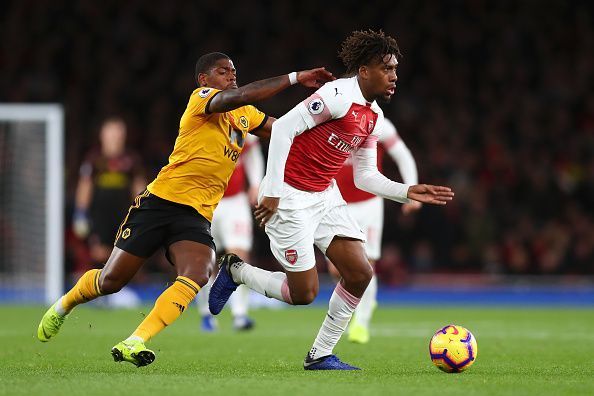 Alex Iwobi in action against Wolverhampton Wanderers in the Premier League